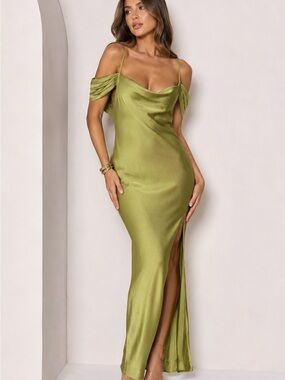 MESHKI Olive Satin Maxi Dress – Size Small